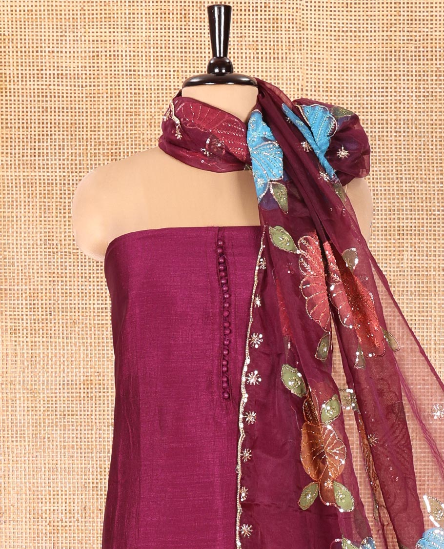 Wine Vichitra Silk Material Chudidar Set, Highlighted by Pom-Pom Necklined Top, a Plain Santoon Bottom, and Paired Scallop Multi-Color Floral Embroidered Organza Dupatta