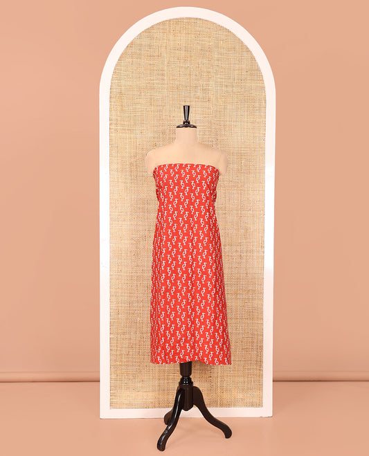 Red Handloom Cotton Material Chudidar Set, Subtly Adorned with Bird Motifs All Over Its Body, Complemented by Contrast Plain Bottom, and Paired with a Contrast Dupatta