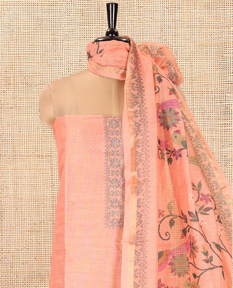 Orange Linen Tissue Material Chudidar Set, Elevated with Paithani Floral-Parrot Design on Its Top, a Contrast Plain Bottom, and Paired with a Linen Tissue Dupatta of Floral-Parrot Print