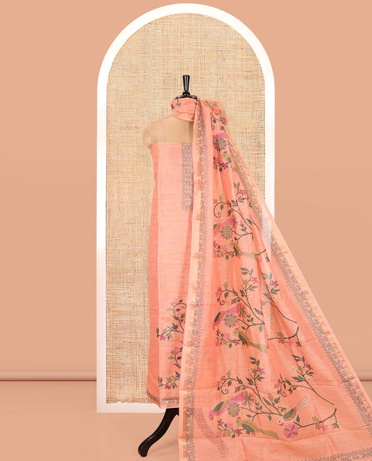 Orange Linen Tissue Material Chudidar Set, Elevated with Paithani Floral-Parrot Design on Its Top, a Contrast Plain Bottom, and Paired with a Linen Tissue Dupatta of Floral-Parrot Print
