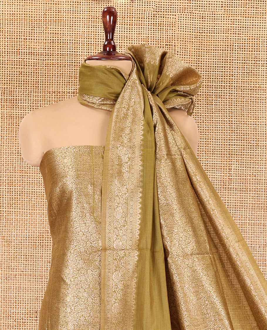 Mehendi Green Banarasi Material Chudidar Features Jacquard Top, a Matching Santoon Bottom, and an Intricately Designed Dupatta