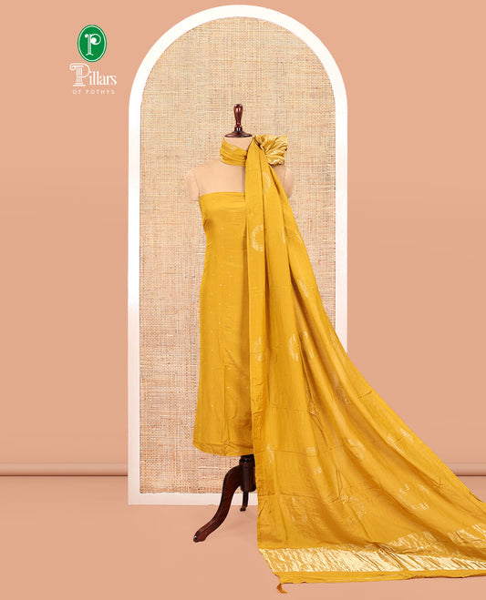 Yellow Mul Chanderi Material Chudidar Set, Subtly Sparkled with Buttas Top, a Matching Bottom, and a Circle Motif Woven Dupatta