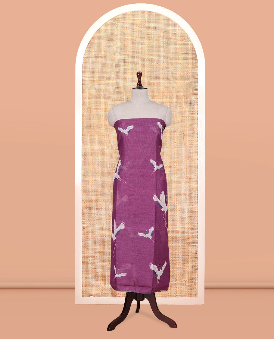 Dark Lavender Semi-Linen Material Churidar, Adorned with Heron Motifs Top, a Plain Santoon Bottom, a Contrast Heron Dupatta