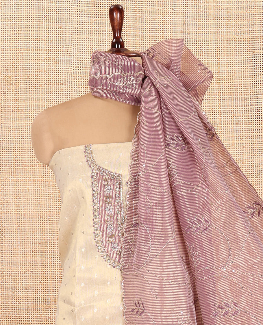 Cream-Pink Banarasi Tissue Material Churidar, Embroidery Top, Contrast Bottom, Embroidery Dupatta