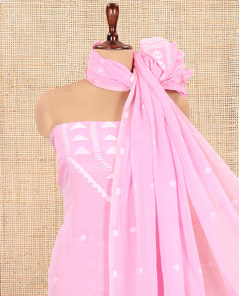 Baby Pink Mul Cotton Material Chudidar Features Jamdani-Style Top, Striped Bottom, a Jamdani Dupatta