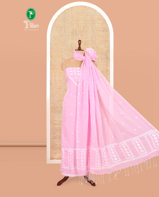 Baby Pink Mul Cotton Material Chudidar Features Jamdani-Style Top, Striped Bottom, a Jamdani Dupatta