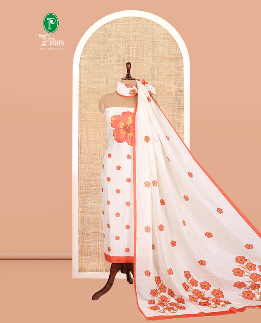 Cream-Red Semi-Silk Material Chudidar, Floral Printed Top, Matching Bottom, Floral Printed Dupatta