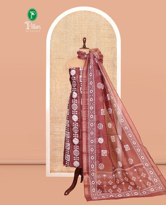 Wine Chanderi Material Chudidar Features Batik Printed Top, a Matching Bottom, and Batik Printed Dupatta