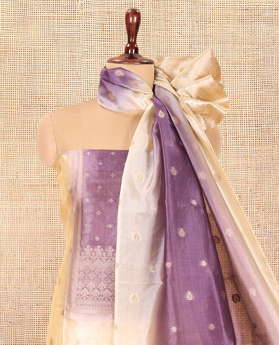 Chikku-Lavender Semi-Tussar Material Chudiddar, Buttas and Neck Work Top, Contrast Bottom, Buttas Dupatta