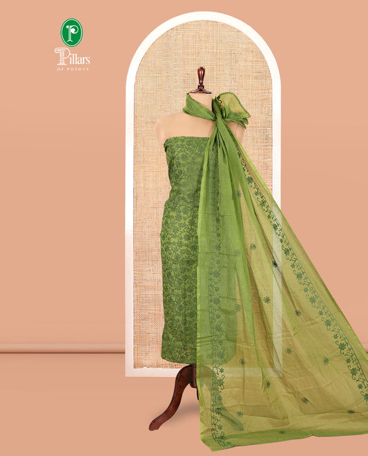 Leaf Green Kota Chex Material Chudiddar, Floral Vine Embroidered Top, Santoon Bottom, Embroidered Dupatta