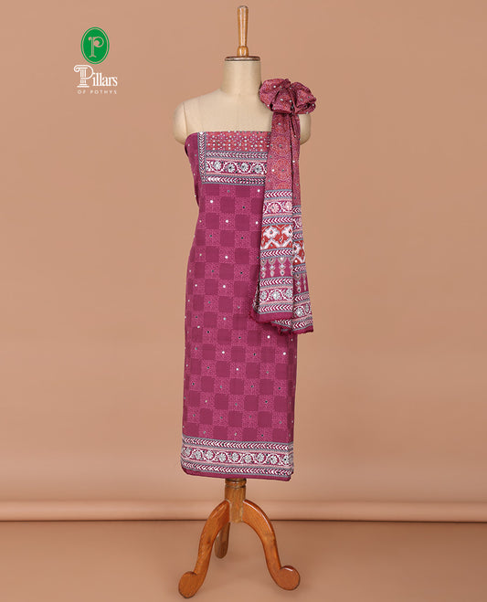 Magenta negative print, ajrakh print, mirror work crepe chudidhar material top with american crepe pant & ajrakh print, mirror work dupatta