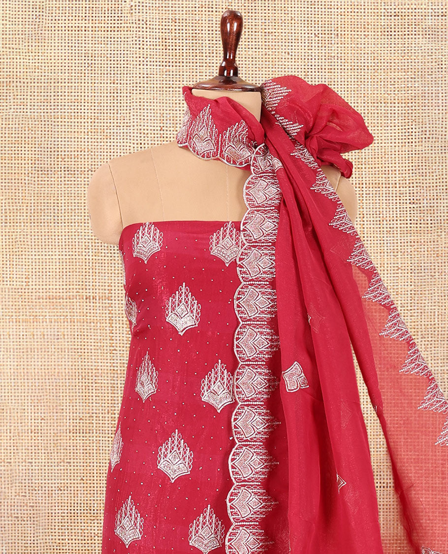 Rani Pink Crunchy Chiffon Material Chudiddar, Embroidered Top, Plain Bottom, Embroidered Scallop Dupatta