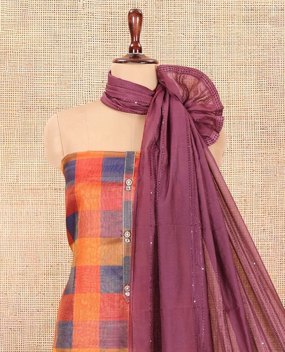 Multi-Color Shimmer Tissue Material Churidar, Embellished with Madras Checked Neckwork Top, a Contrast Bottom, and a Sequins Striped Dupatta