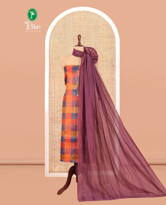 Multi-Color Shimmer Tissue Material Churidar, Embellished with Madras Checked Neckwork Top, a Contrast Bottom, and a Sequins Striped Dupatta
