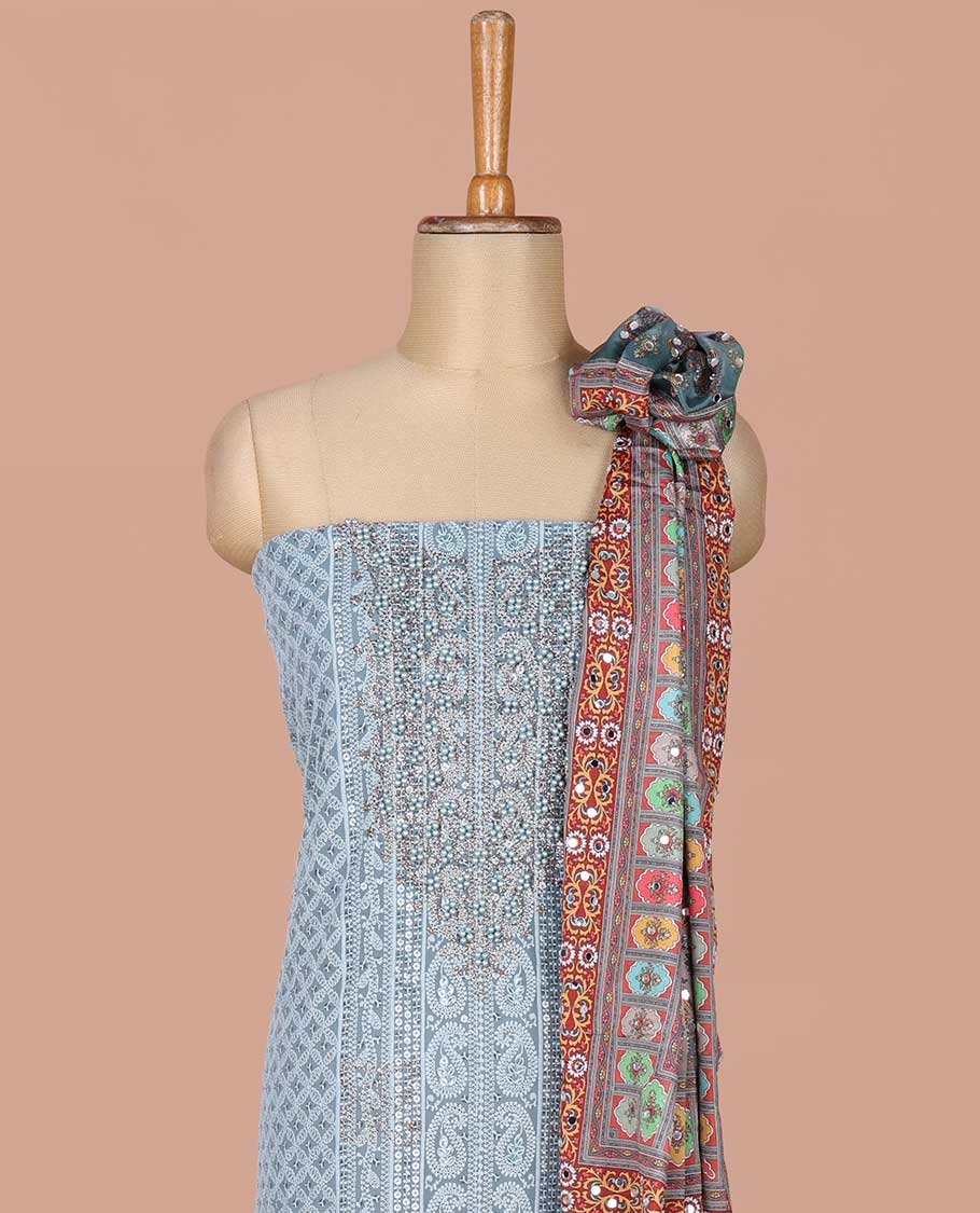 Steel blue georgette shifli sequins, stone, moti work chudidhar material top with amercial crepe pant & digital print, mirror work dupatta