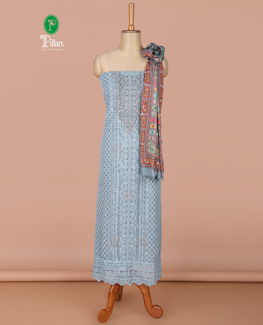 Steel blue georgette shifli sequins, stone, moti work chudidhar material top with amercial crepe pant & digital print, mirror work dupatta