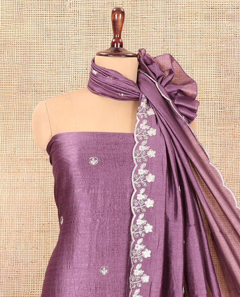 Lavender Semi-Silk Material Churidar Features a Floral Embroidered Top, a Matching Bottom, Embroidered Dupatta