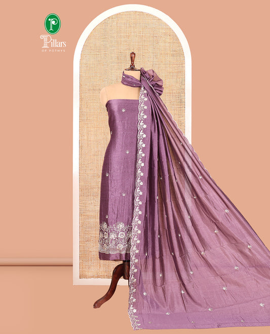 Lavender Semi-Silk Material Churidar Features a Floral Embroidered Top, a Matching Bottom, Embroidered Dupatta
