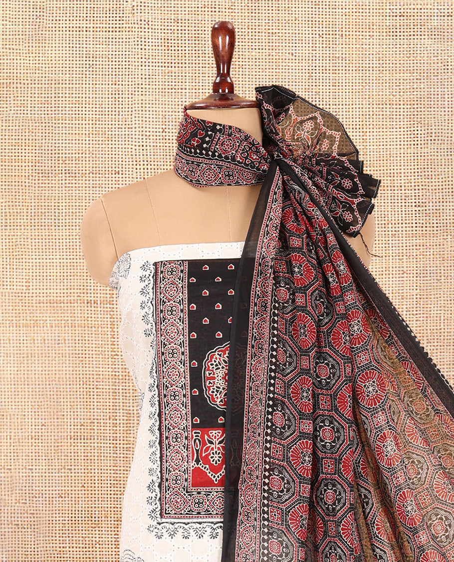 Cream-Black Cotton Hakoba Material Churidar Features Print and Ajrakh Neck Work Top, a Cotton Bottom, an Ajrakh Printed Dupatta