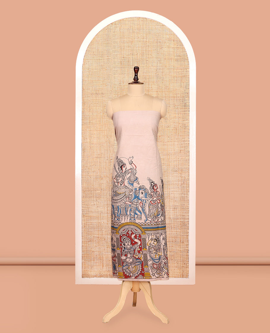 Cream Cotton Material Churidar Features Kalamkari Printed Top, a Plain Bottom, and a Kalamkari Printed Dupatta