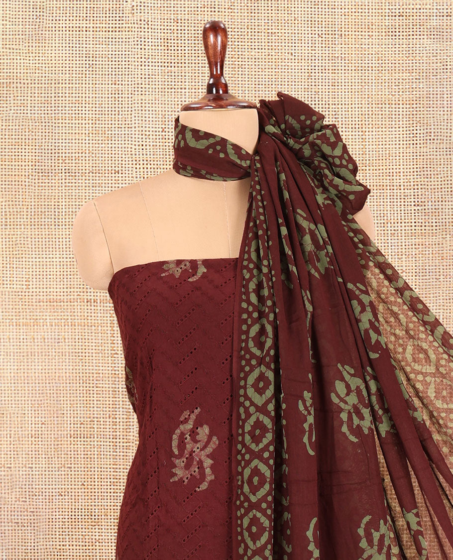 Coffee Brown Cotton Material Chudidar, Batik Printed Hakoba Work Top, Contrast Bottom, Batik Printed Dupatta