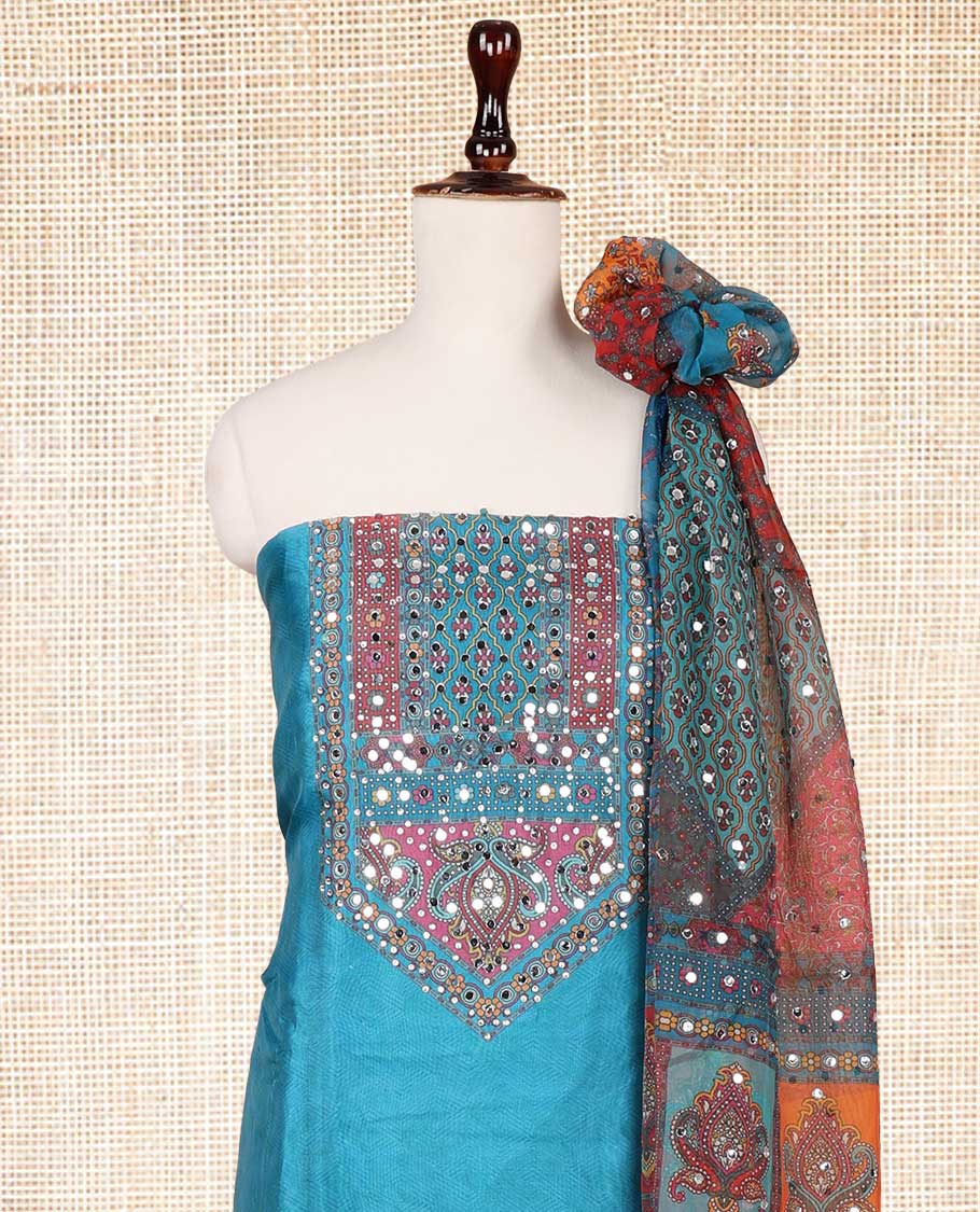 Green ajrak digital print, mirror, stone  work organza chudidhar material top with santton material pant & floral digital print, mirror work dupatta