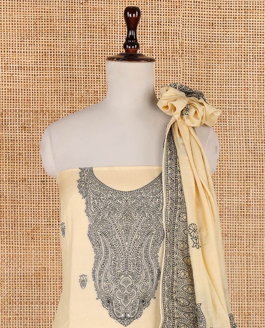 Ivory warp weaving, butta design modal chanderi chudidhar material top with cotton material pant & warp weaving, butta design dupatta