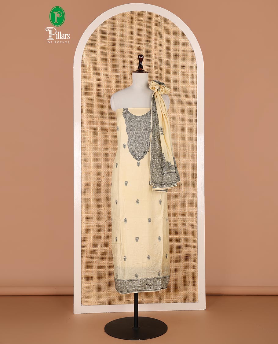 Ivory warp weaving, butta design modal chanderi chudidhar material top with cotton material pant & warp weaving, butta design dupatta