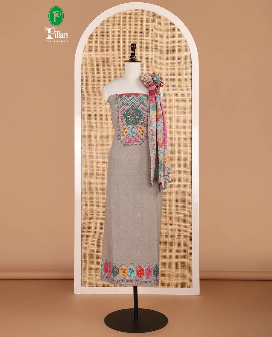 Ash color negative print, geometric design, swarovski work crepe chudidhar material top with american crepe pant & chinnon material geometric print, swarovski work dupatta