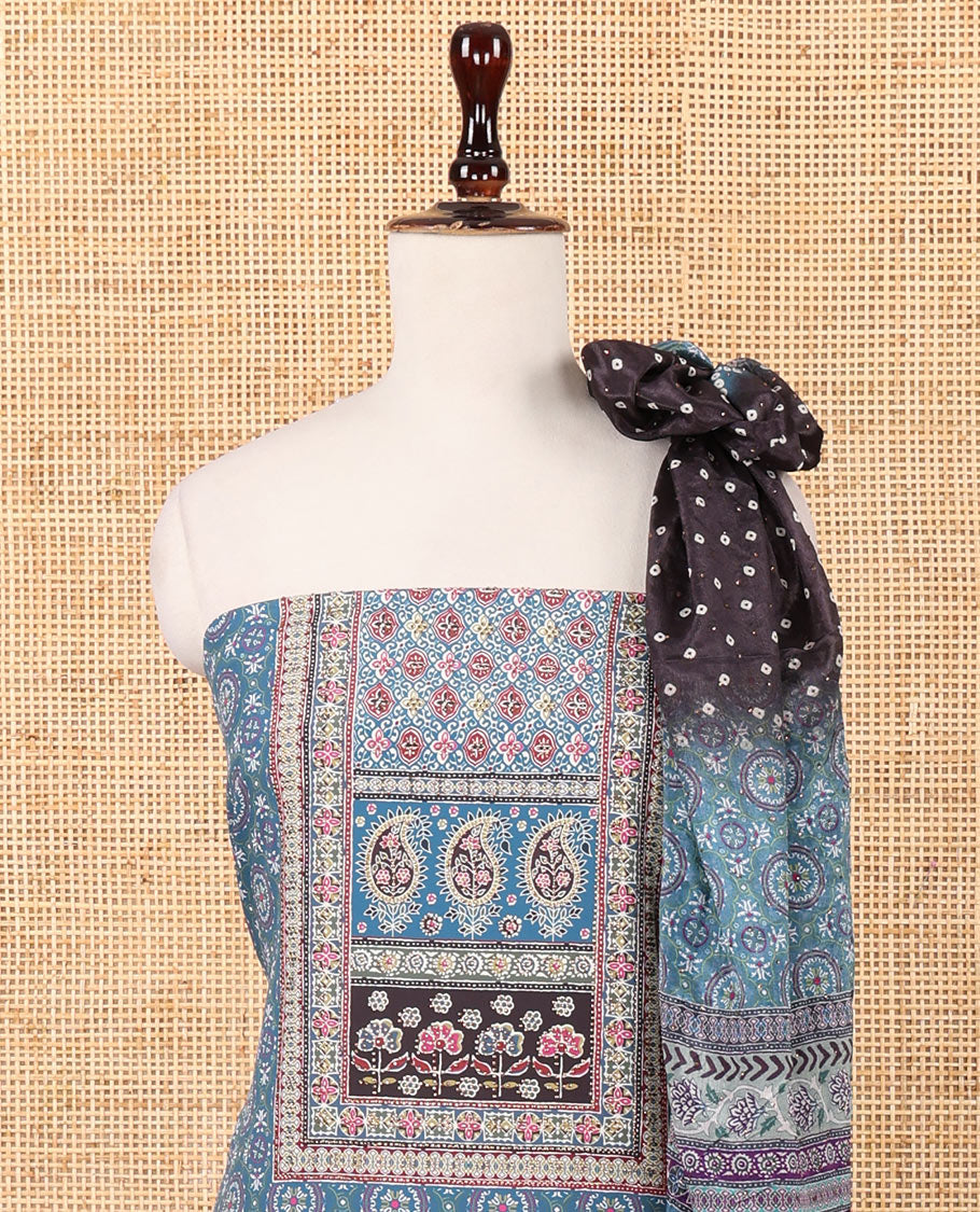 Peacock blue crepe chudidar material set, ajrakh-print with daman floral design top, plain bottom & dupatta of bandhani dots & ajrakh-style print