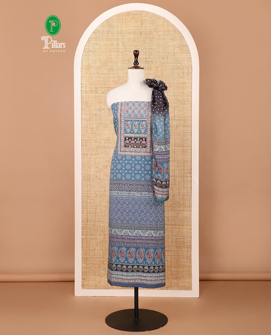 Peacock blue crepe chudidar material set, ajrakh-print with daman floral design top, plain bottom & dupatta of bandhani dots & ajrakh-style print