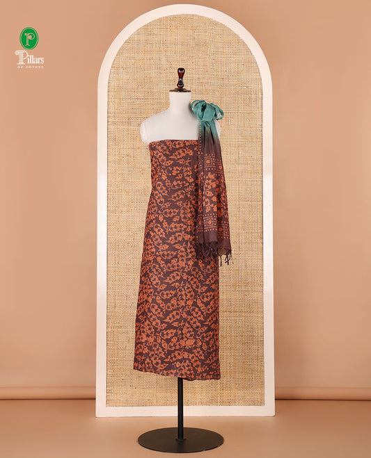Maroon chudidhar material, leaf batik-print bhagalpuri cotton top,contrast batik-print bottom & dual-color printed mul-mul dupatta