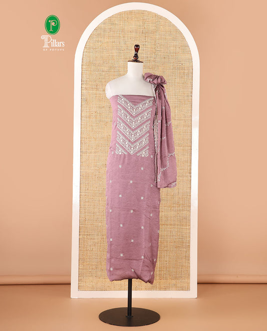 Turkish pink vichitra crush material chudidar, thread & bead floral embroidery top, plain santoon bottom & floral thread embroidery dupatta