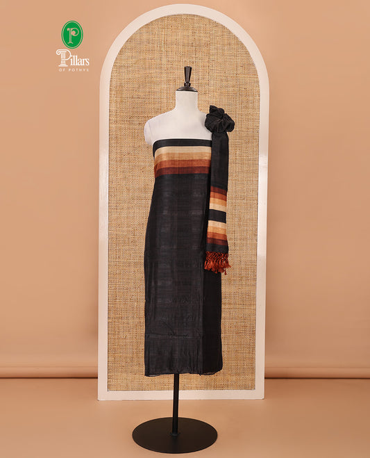 Black material chudidar set, horizontal brown-ombre striped semi-tussar top, plain santoon bottom & horizontal brown-ombre striped dupatta with tassels