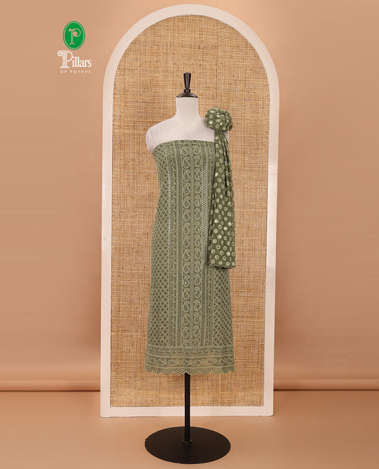 Olive green material chudidar set,  floral, paisley & geometric schiffli embroidered georgette top & orginal mirror embroidered georgette dupatta
