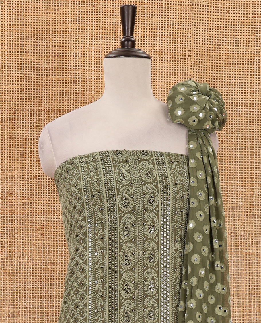 Olive green material chudidar set,  floral, paisley & geometric schiffli embroidered georgette top & orginal mirror embroidered georgette dupatta