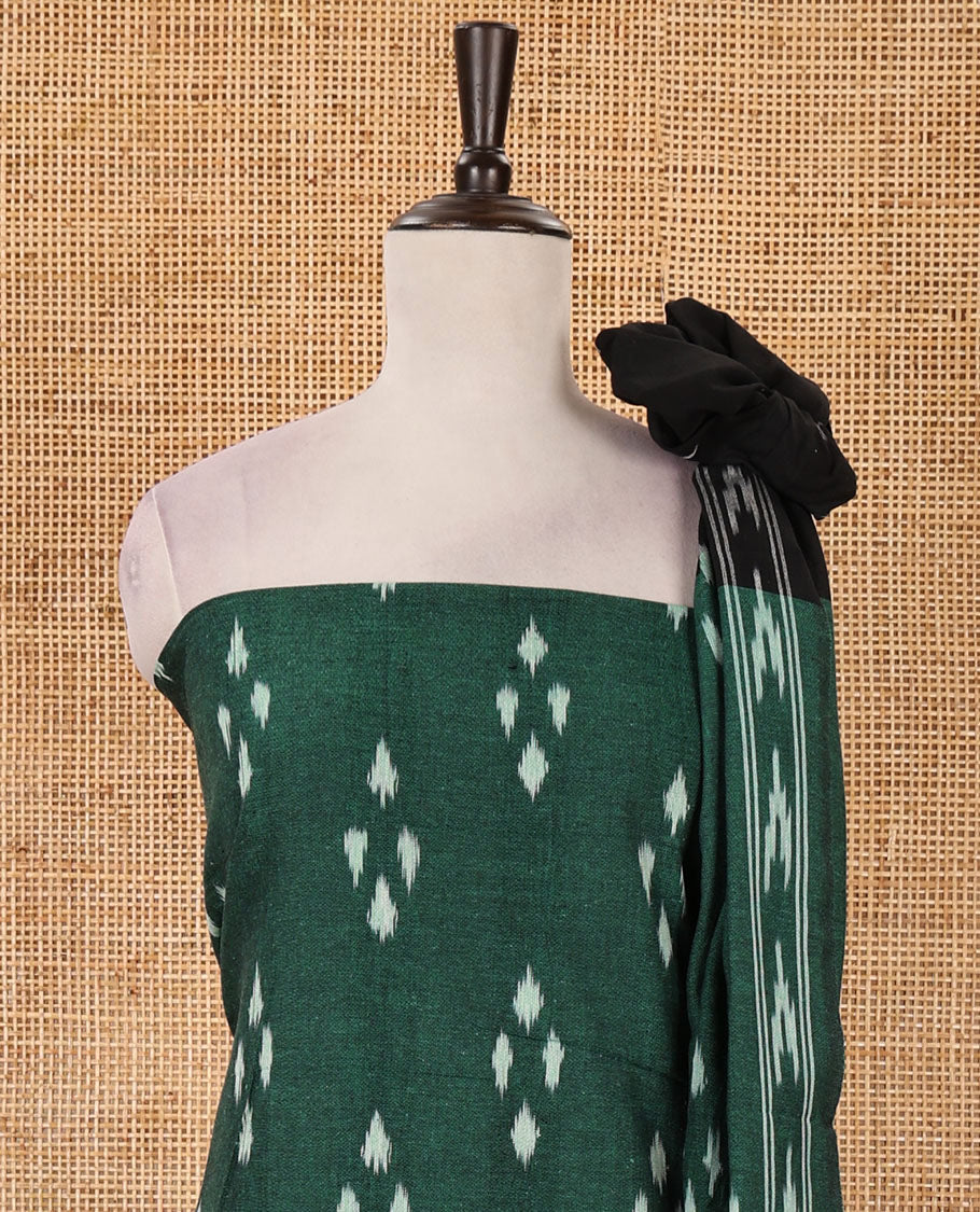 Green material chudidar set, diamond patterned pure cotton pochampally ikkat top, contrast bottom & dual-color ikkat motifs pure cotton pochampally ikkat dupatta