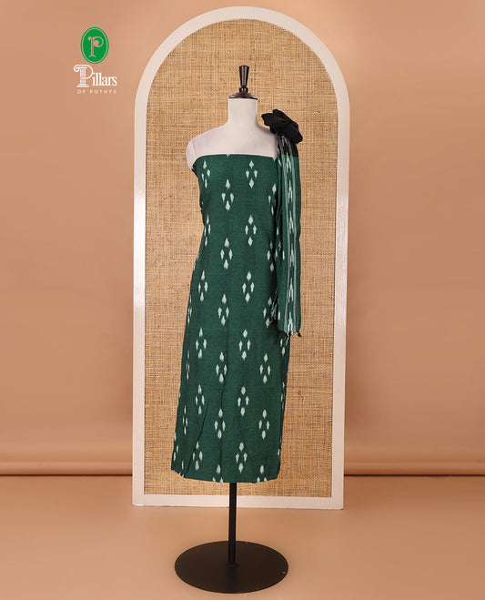 Green material chudidar set, diamond patterned pure cotton pochampally ikkat top, contrast bottom & dual-color ikkat motifs pure cotton pochampally ikkat dupatta