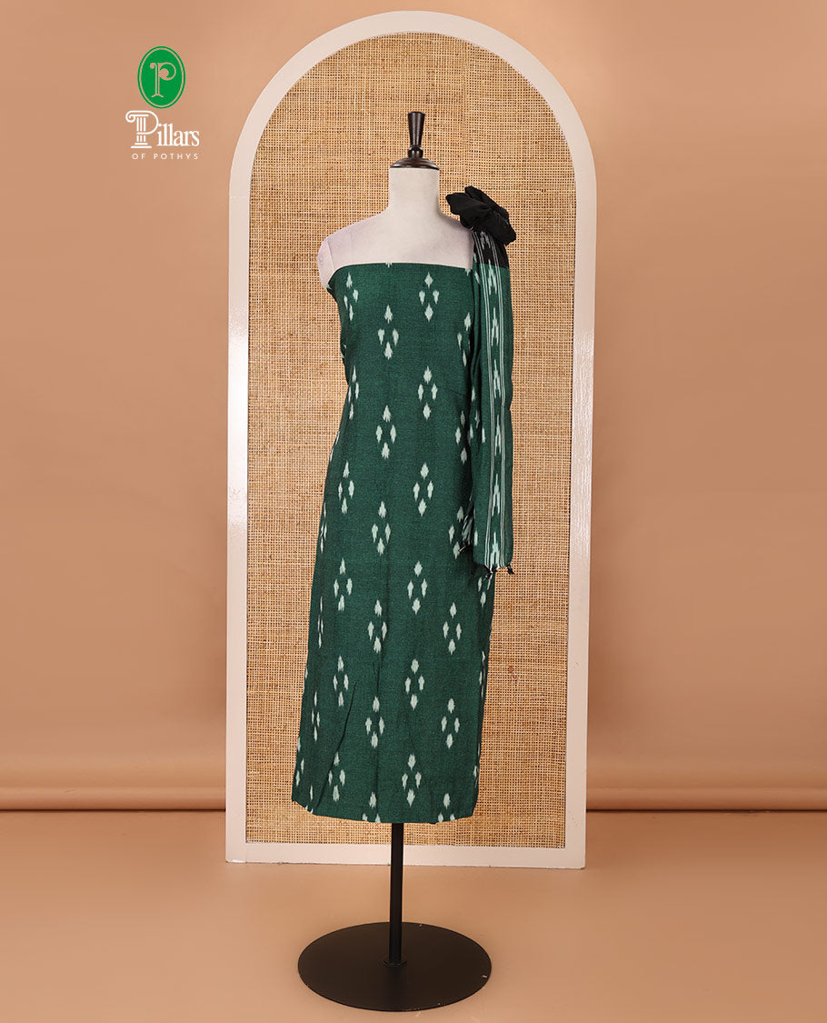 Green material chudidar set, diamond patterned pure cotton pochampally ikkat top, contrast bottom & dual-color ikkat motifs pure cotton pochampally ikkat dupatta