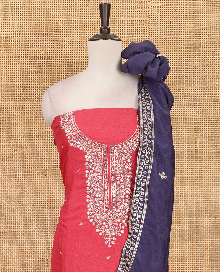 Dark peach Vichitra silk material chudidar set, floral design neck embroidered top, santoon bottom & contrast embroidered Vichitra silk dupatta