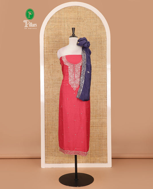 Dark peach Vichitra silk material chudidar set, floral design neck embroidered top, santoon bottom & contrast embroidered Vichitra silk dupatta