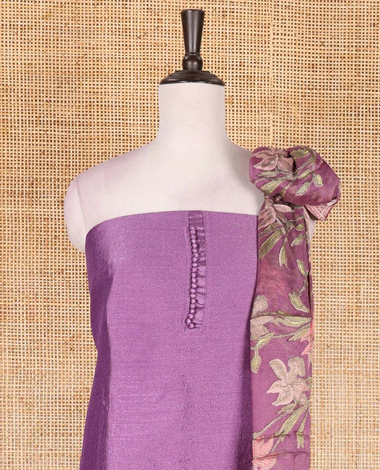 Lavender material chudidar set, plain with fancy thermacol balls neck work Vichitra top, cotton bottom, and floral printed dupatta