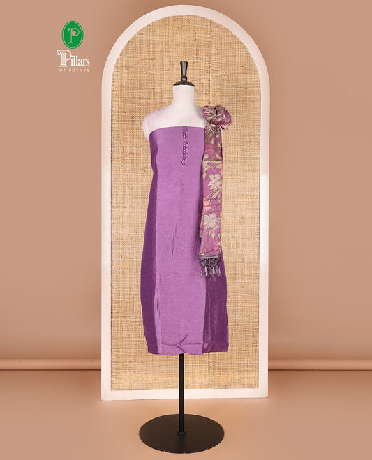 Lavender material chudidar set, plain with fancy thermacol balls neck work Vichitra top, cotton bottom, and floral printed dupatta