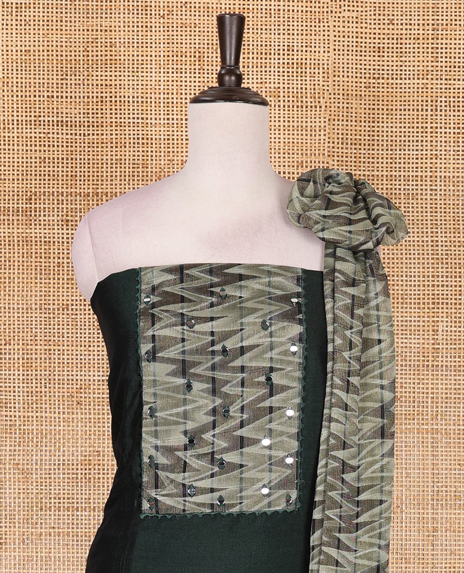 Bottle green Vertican silk material chudidar set, ikkat chevron striped with mirror neck embroidered top, santoon bottom, and contrast chevron striped dupatta