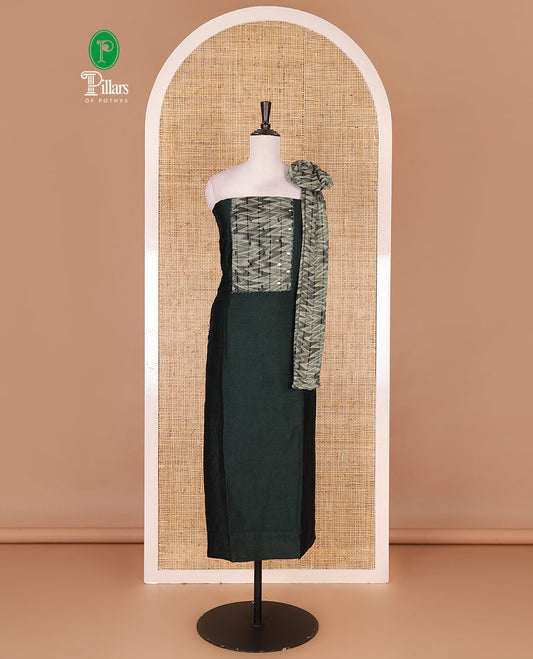 Bottle green Vertican silk material chudidar set, ikkat chevron striped with mirror neck embroidered top, santoon bottom, and contrast chevron striped dupatta