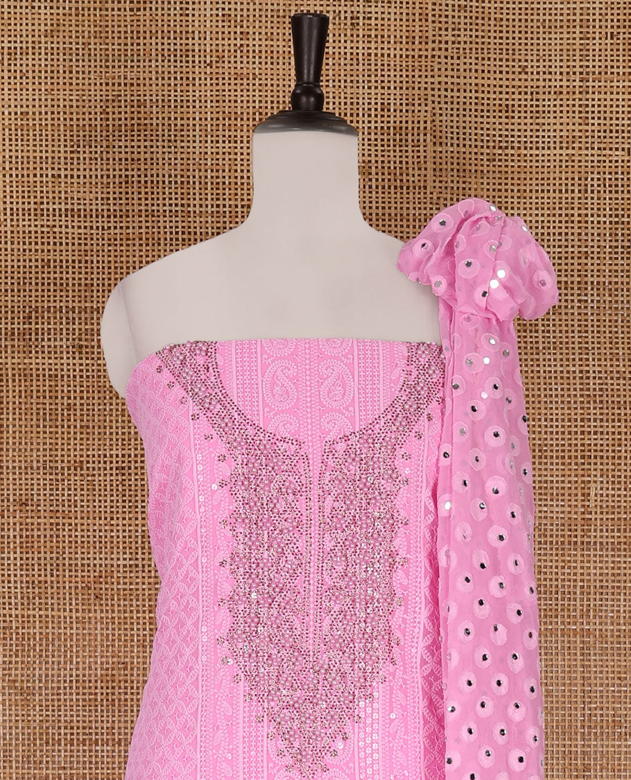 Pink material churidar set, stone work with Schiffli style embroidered georgette top, American Crape bottom, and polka dotted printed mirror work dupatta