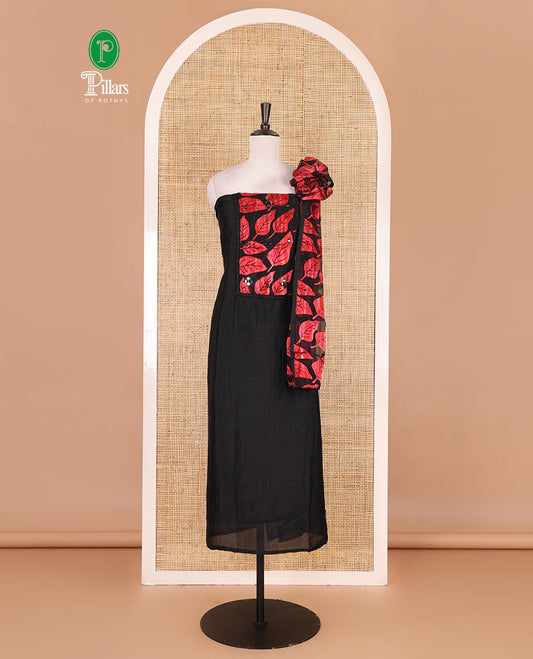 Black and red material churidar set, neck leaf print with mirror work Vichitra silk top, plain santoon bottom, and leaf printed shimmer georgette dupatta