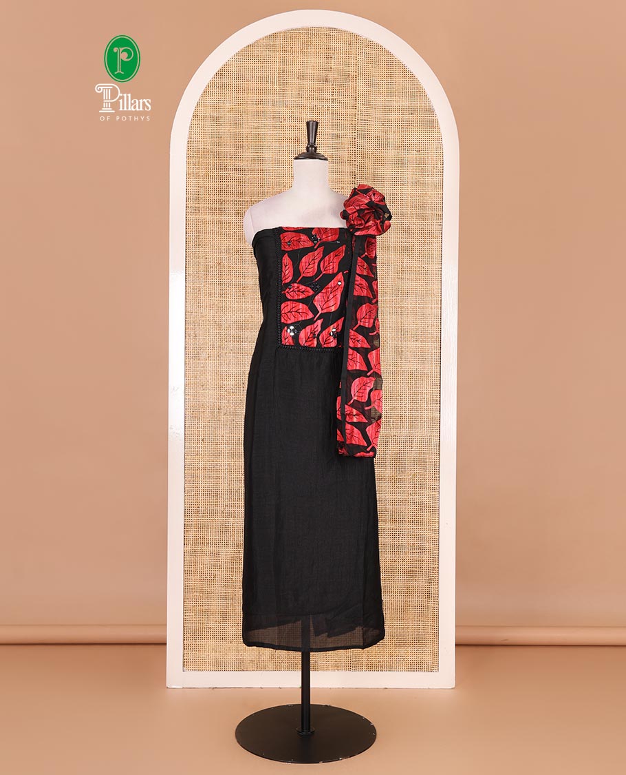 Black and red material churidar set, neck leaf print with mirror work Vichitra silk top, plain santoon bottom, and leaf printed shimmer georgette dupatta
