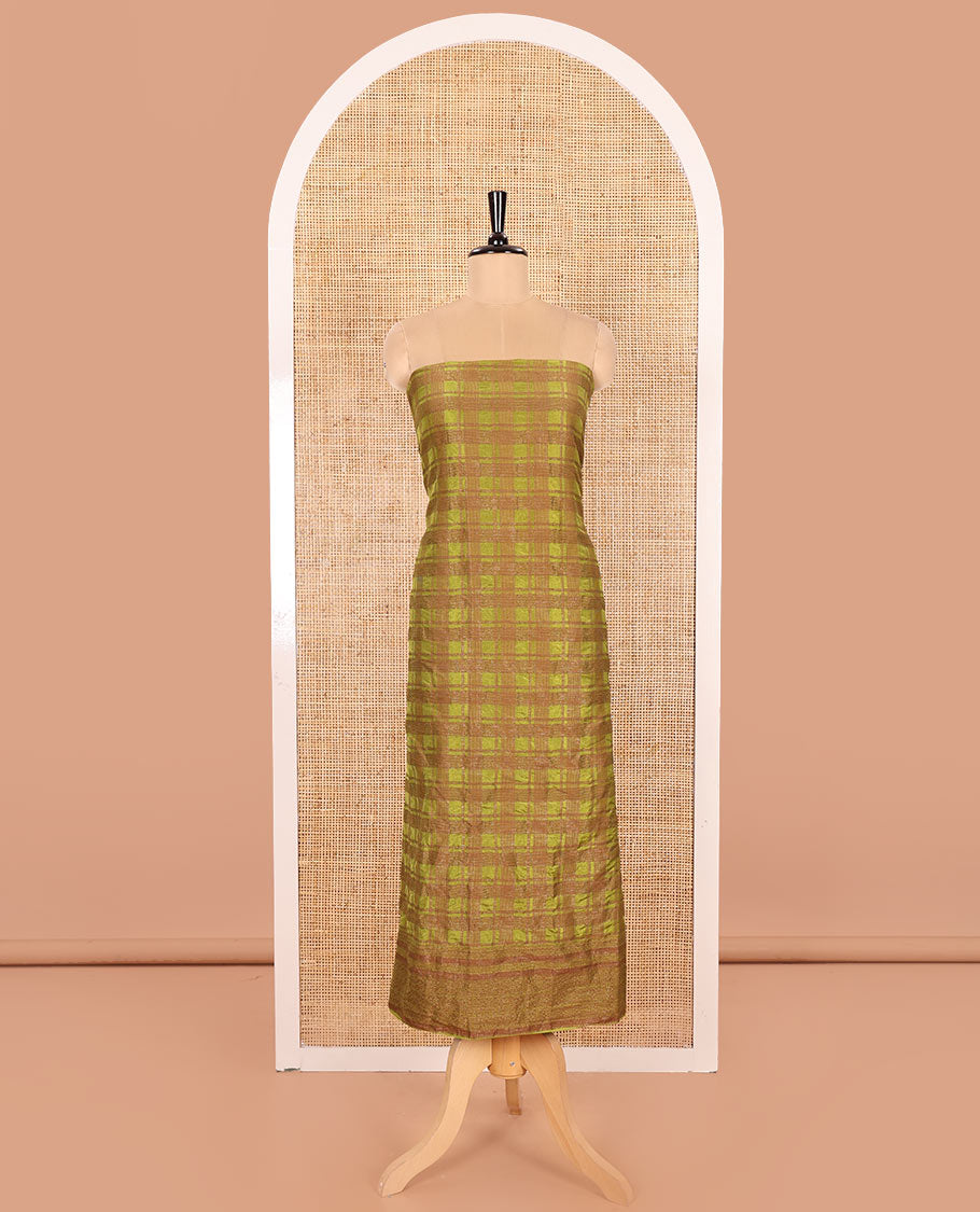 Green Material Chudidar Set Embellished with Copper Zari Checks Semi-Modal Silk Top, Subtly Made Plain Santoon Bottom, and a Semi-Modal Dupatta Featuring Polka Dots in Zari