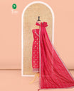 Tomato Pink Chudidar Set Prettified with Floral Jaal Jacquard Design Viscose Chinon Unstitched Top, Readymade Free Size Sharara Pants, and a Chinon Embroidered Scallop-Bordered Dupatta